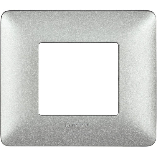 BTicino Matix silver wall plate, 2-module design, stylish and modern for electrical switches, dimensions 96.2mm x 84mm.