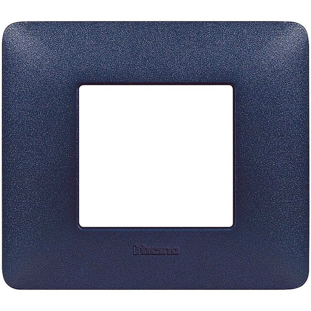 BTicino Matix 2-moduli switch plate in blu mercurio color, made of technopolymer, dimensions 84mm x 96.2mm.
