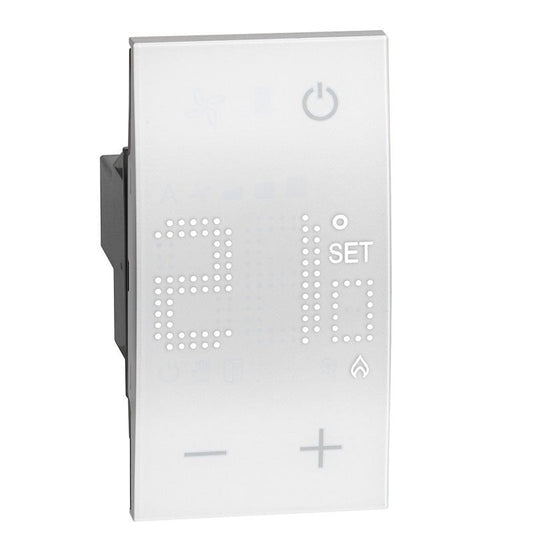 Living Now BTicino thermostat 230V, electronic heating and cooling control with relay output, sleek design.