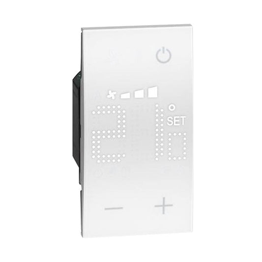 Bticino Living Now KW4691 thermostat with backlit display for temperature control and fan speed adjustment.