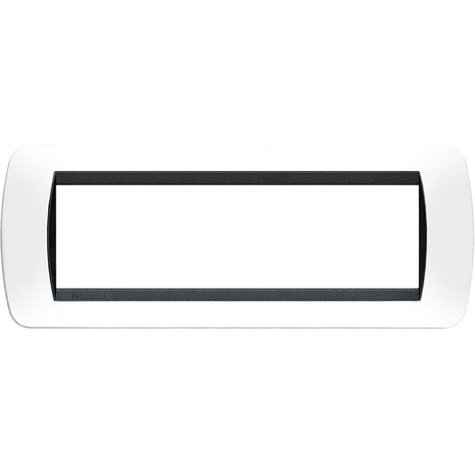 Living Int. Placca 7 posti bianca con cornice nera, 80mm x 140mm, marca BTicino, tecnopolimero, serie Livinglight.