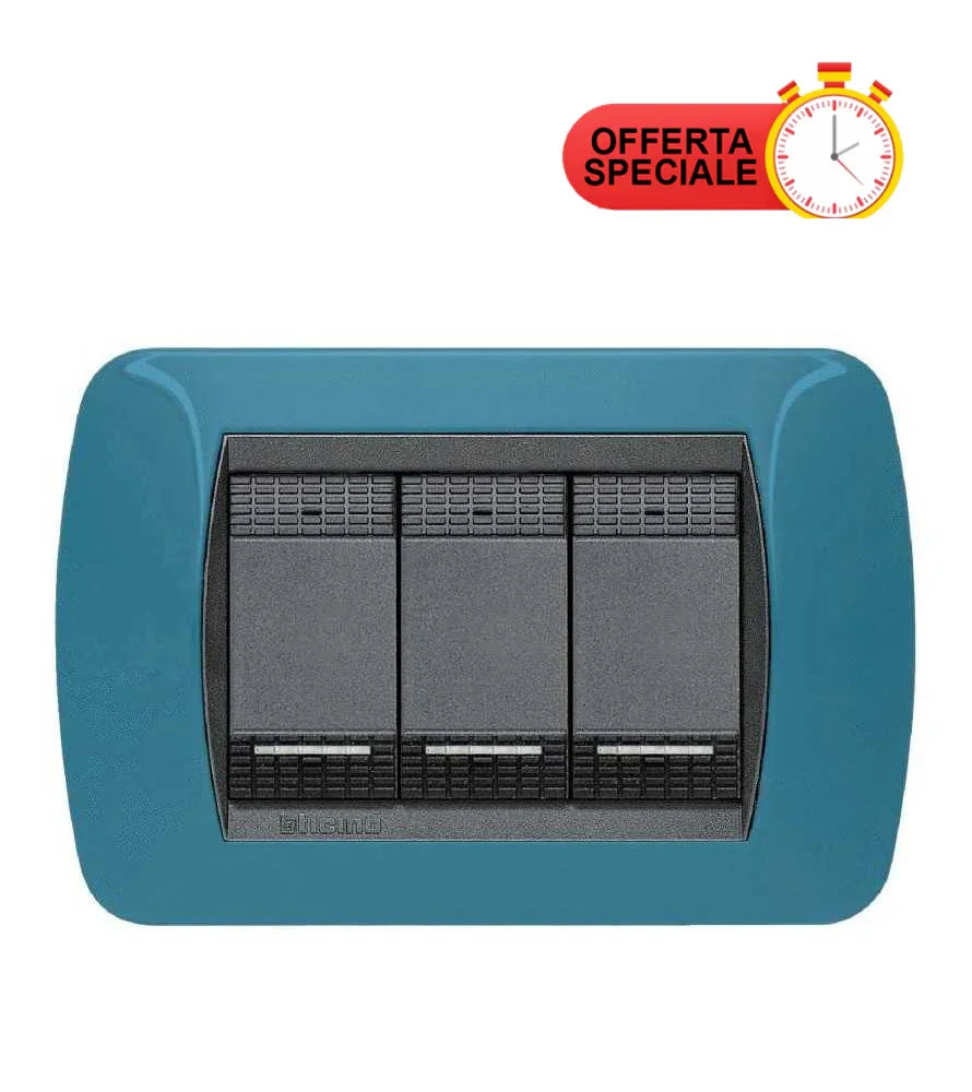 Placca 3 Posti Blu Metro Serie LivingInternational - BTicino L4803BU, Design Elegante e Facile Installazione