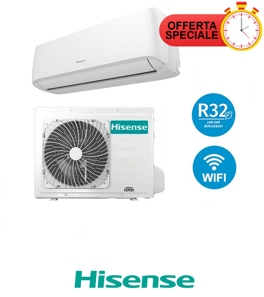Climatizzatore Hisense HI COMFORT 12000 BTU con WiFi e gas refrigerante R32, unità interna ed esterna.