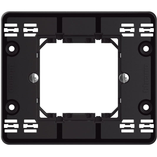 Supporto BTicino MatixGO 2 moduli per fissaggio viti, design robusto in plastica nera.