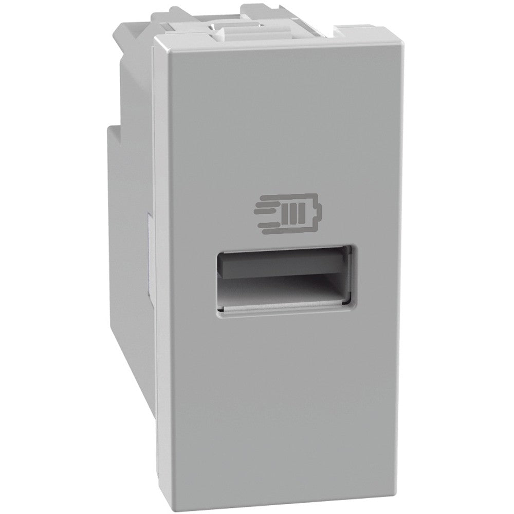 Caricatore USB BTicino MatixGO 15W grigio con 1 porta tipo A, ideale per la ricarica di dispositivi elettronici.
