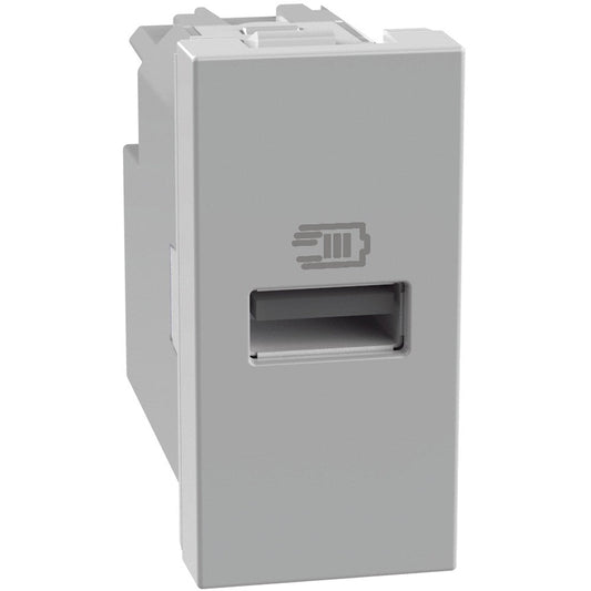 Caricatore USB BTicino MatixGO 15W grigio con 1 porta tipo A, ideale per la ricarica di dispositivi elettronici.