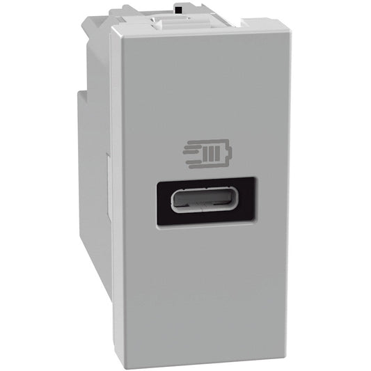 Caricatore USB Bticino MatixGO 20W grigio con 1 porta tipo C per ricarica rapida di dispositivi elettronici.