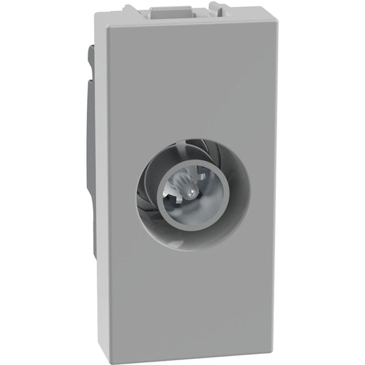 Presa coassiale passante BTicino MatixGO 1 modulo grigia, con connettore maschio e attacco per antenna.