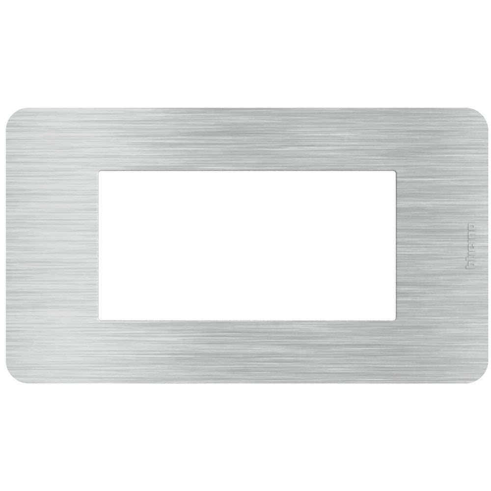 BTicino MatixGO Aluminium 4-module cover plate, sleek brushed finish, designed for electrical switch installations.
