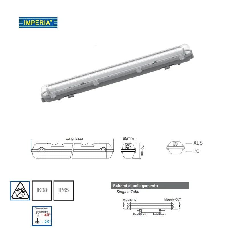 Plafoniera Stagna IP65 per Tubo LED 600mm - Imperia 6011720, Resistente ad Acqua e Polvere, Facile Installazione