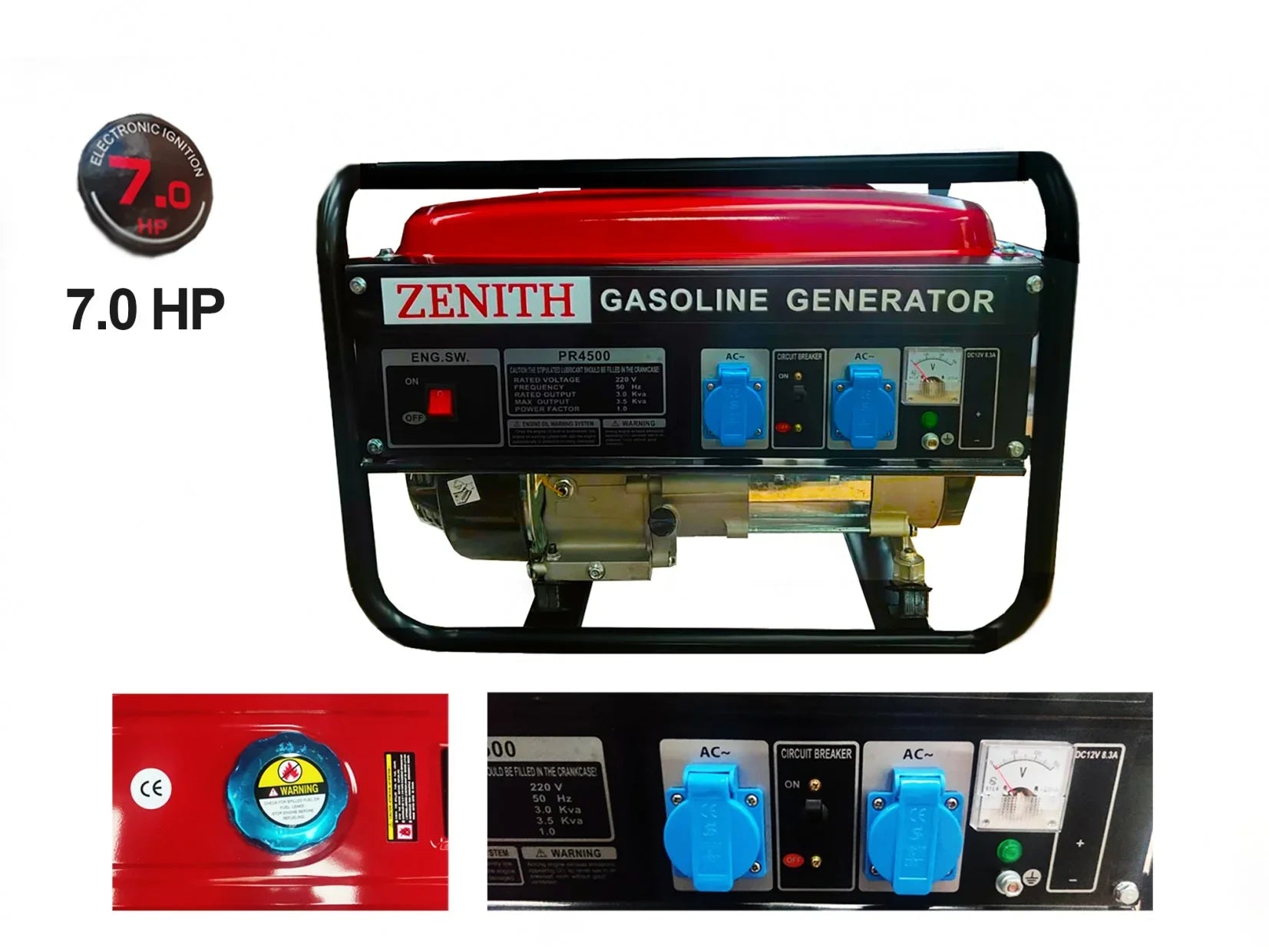 Generatore di Corrente 3kW Zenith - Motore Benzina 4 Tempi, 7.0 HP, 2 Prese 230V, Avviamento Facile