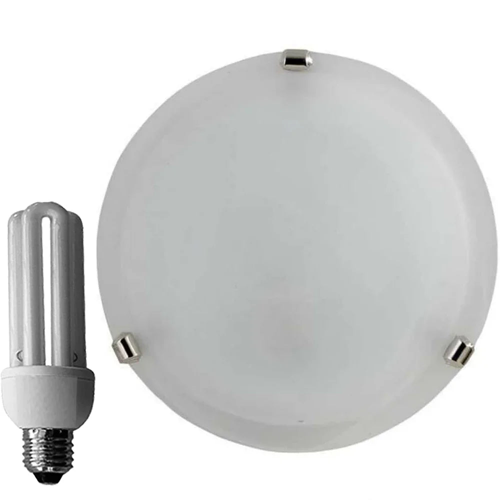 Plafoniera Alabastro Bianco Ø30cm con Ganci Cromo 1XE27 60W - Lampada Risparmio Energetico 15W 6500K