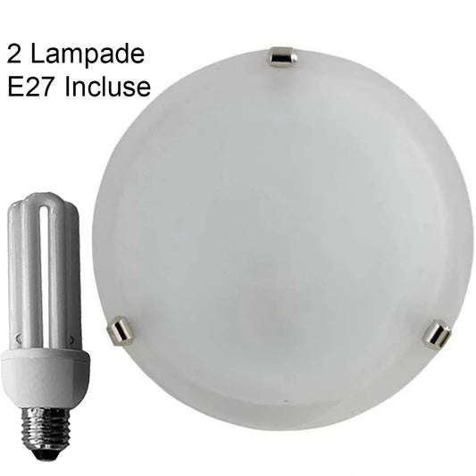Plafoniera Alabastro Bianco Ø 40 cm - Ganci Cromati, 2x E27, 2 Lampadine Risparmio Energetico 15W 6500K