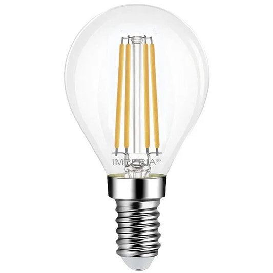 Lampada LED E14 Sfera Filament Imperia 6017425, Luce Calda 2700K, 4W, 470 Lumen, 25.000 Ore di Durata
