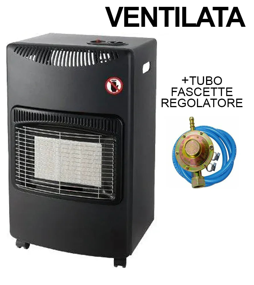 Stufa Nera GAS 3 Mattoni Ventilata GPL 4200W - Riscaldamento Efficiente Fino a 60m³, Sicurezza Completa, Regolatore e Tubo Inclusi