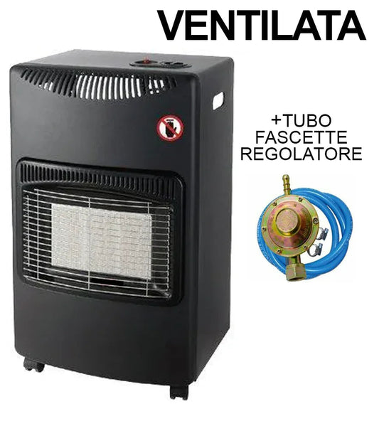 Stufa Nera GAS 3 Mattoni Ventilata GPL 4200W - Riscaldamento Efficiente Fino a 60m³, Sicurezza Completa, Regolatore e Tubo Inclusi