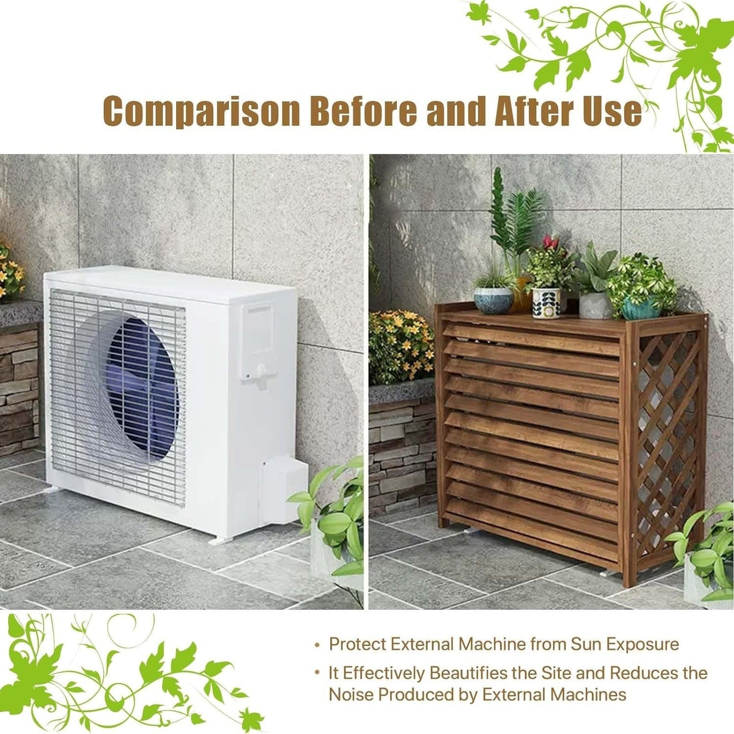 Comparison of air conditioner before and after using a wooden cover for improved aesthetics and noise reduction.