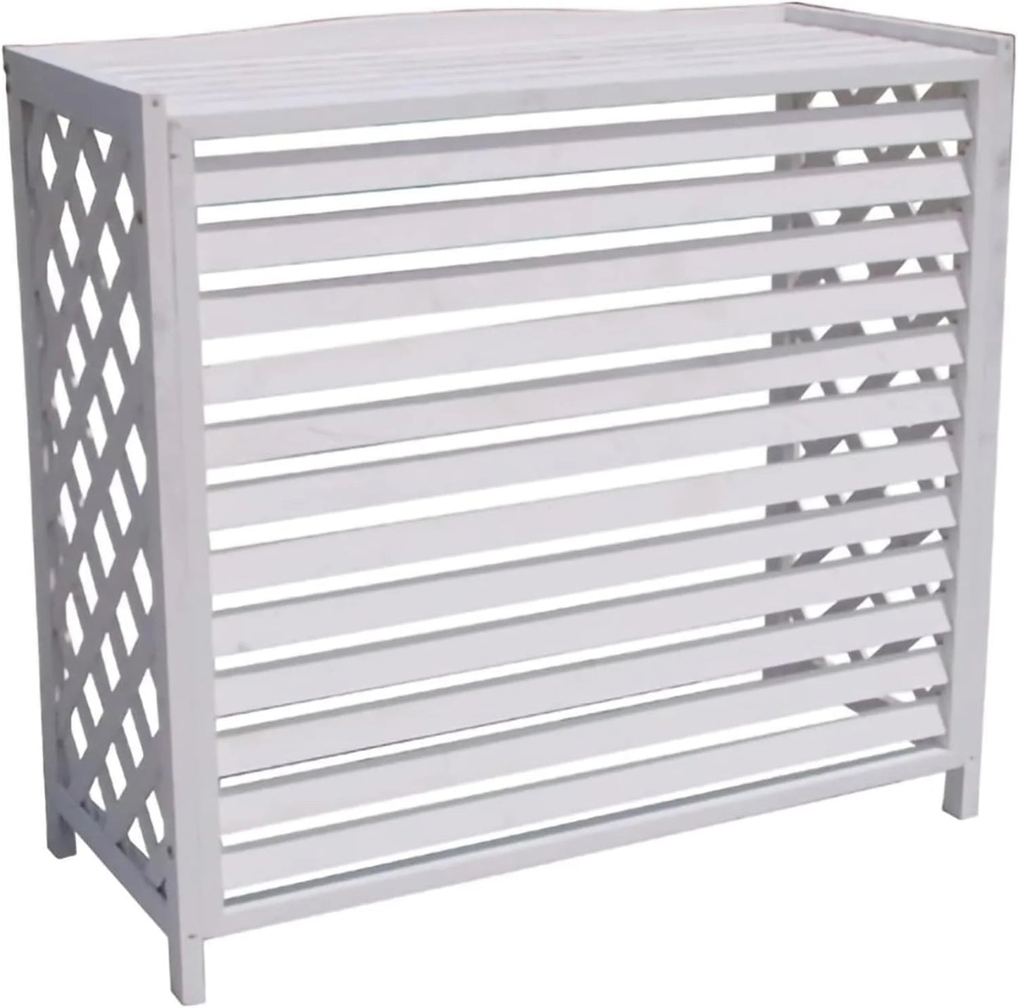Copertura per condizionatore esterno in legno bianco, dimensioni 94x49x84 cm, con griglie decorative.