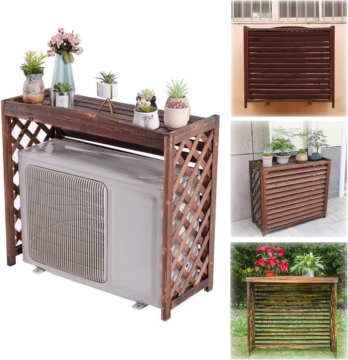 Copertura in legno per climatizzatore, decorato con piante, adatta per esterno e giardino, dimensioni 94x49x84 cm.