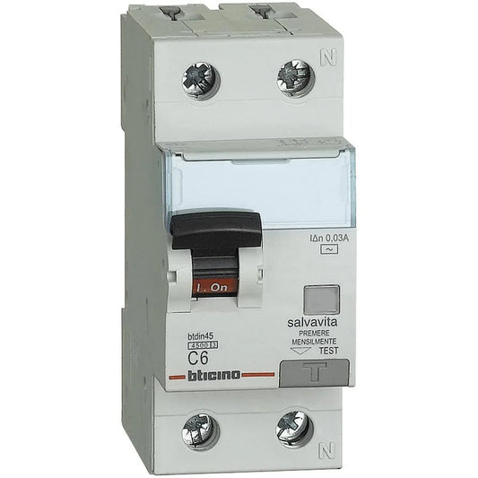 Interruttore Magnetotermico Differenziale BTicino 1P+N AC 6A 30mA 4,5kA - Codice GA8813AC6