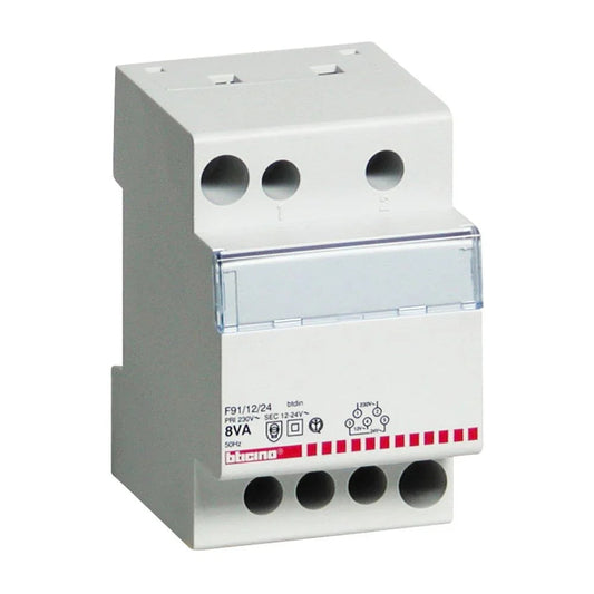 Trasformatore Di Sicurezza BTicino F91/12/24 - 12/24V 8VA Monofase A 3 Moduli DIN, Grado IP20
