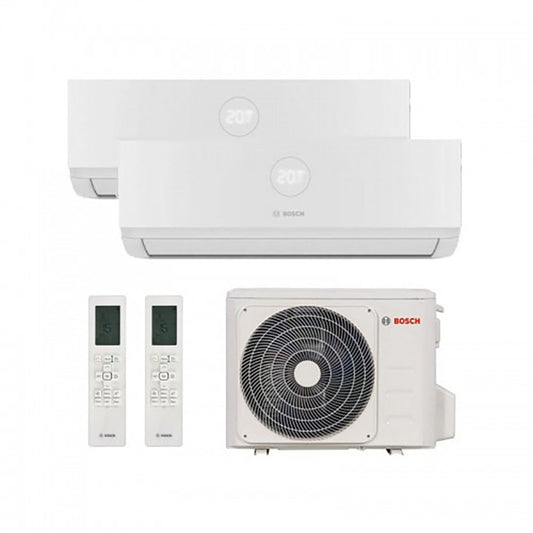 Bosch Dual Split Climate 5000 R-32 air conditioner with two indoor units and external condenser, includes remote controls.