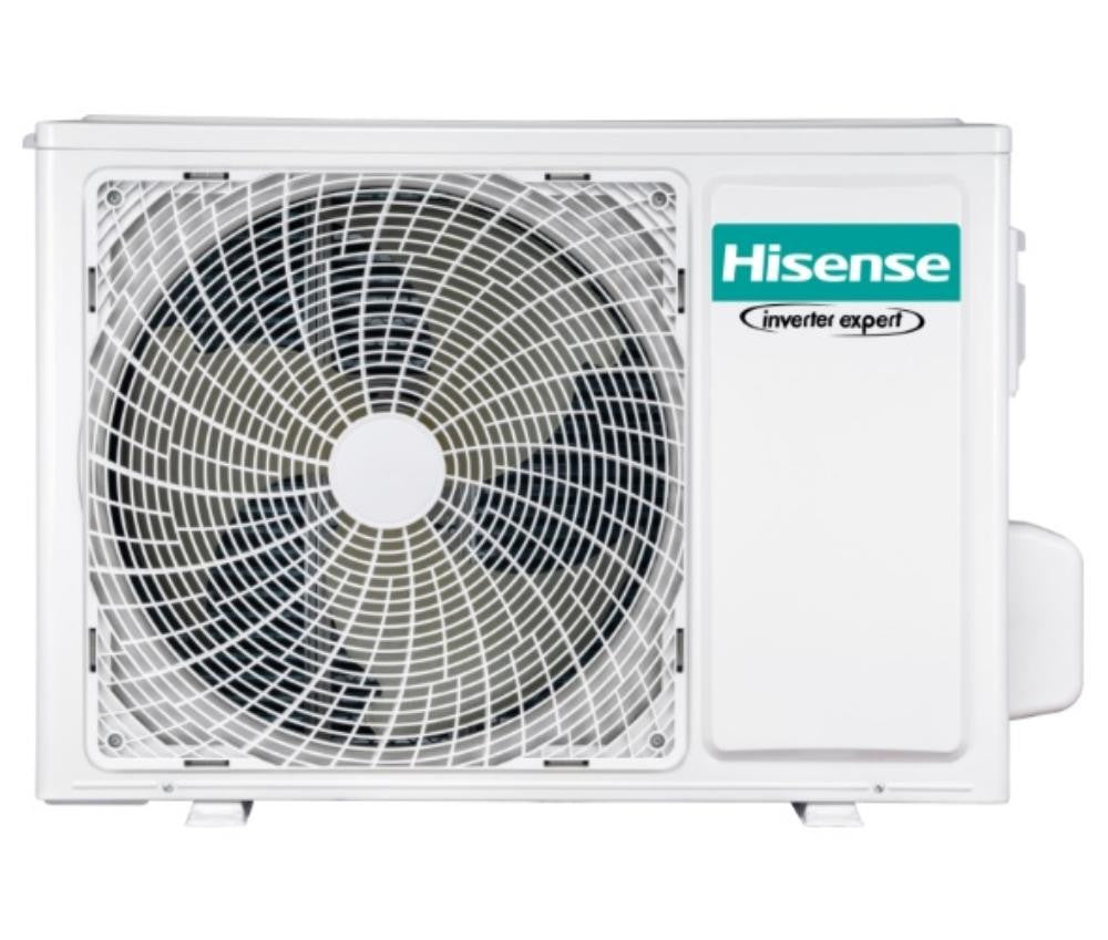 Hisense inverter air conditioning unit front view with fan, showcasing energy-efficient technology for optimal cooling.