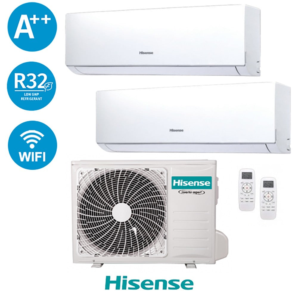 Climatizzatore Hisense Dual Inverter 9+9 BTU con unità esterna e interna, Wi-Fi integrato, efficienza energetica A++.