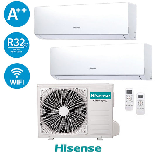 Climatizzatore Hisense Dual Inverter 9+12 BTU con unità esterna e due interne, Wi-Fi integrato, classe A++, gas R32.