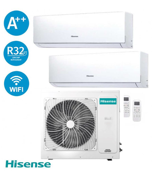 Hisense Dual Inverter air conditioning unit with two indoor units, external unit, A++, R32 gas, and WiFi integration.