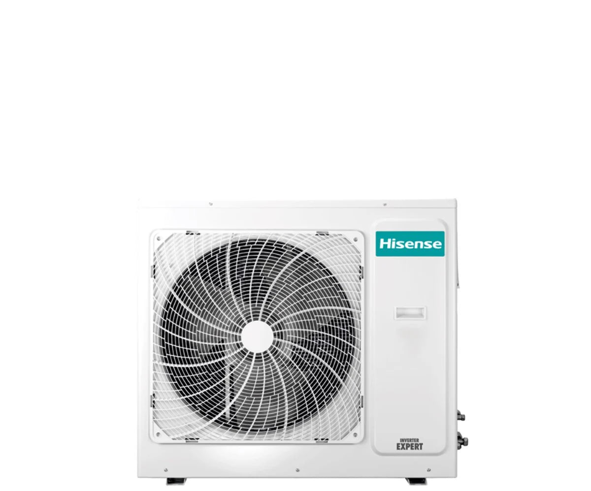 Hisense Dual Inverter external unit for air conditioning, model 4AMW81U4RAA, featuring a large fan and expert branding.