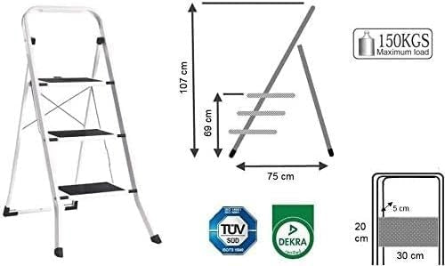 Scala pieghevole 3 gradini in alluminio, portata max 150 kg, dimensioni e tappetini anti-scivolo.