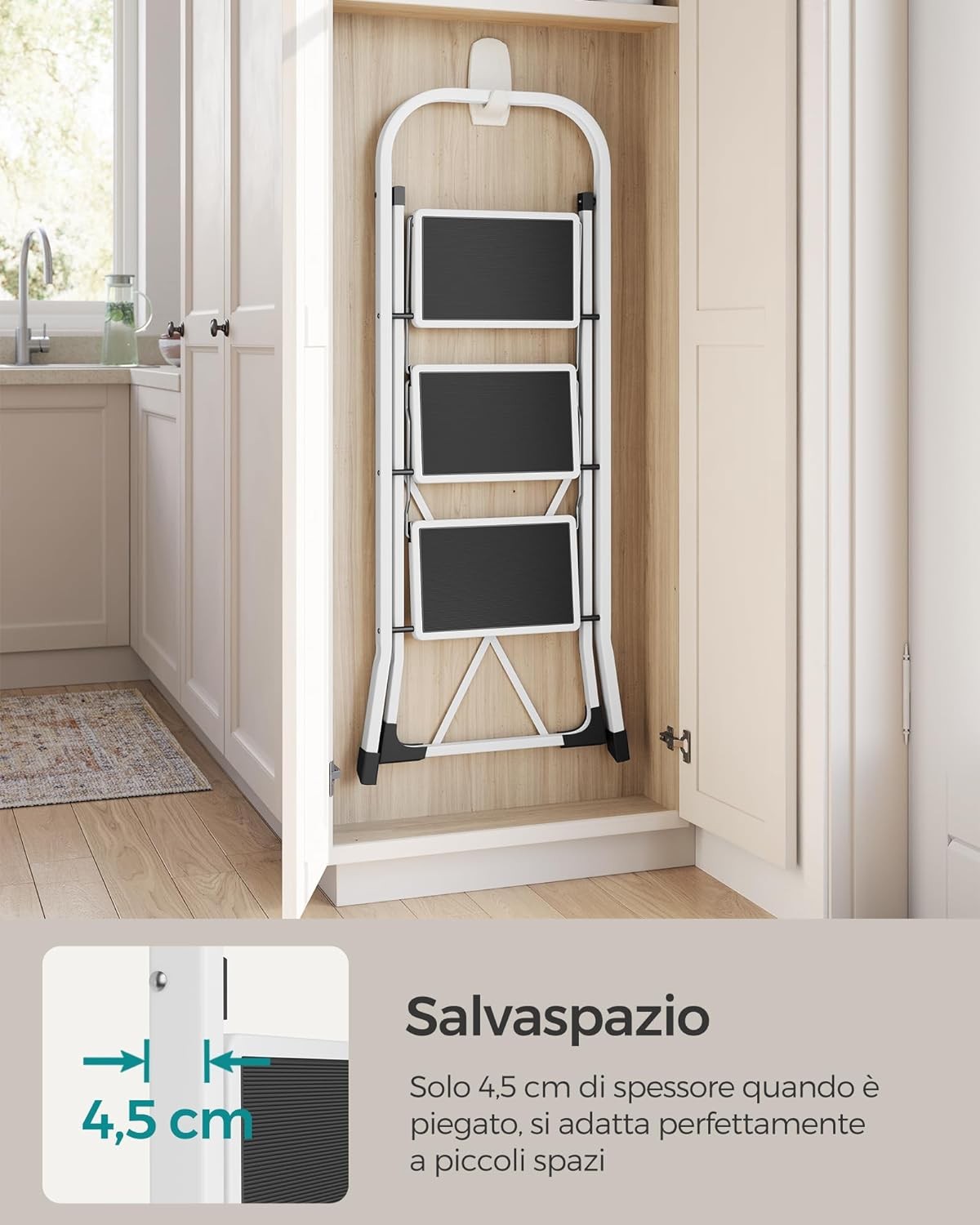 Scala pieghevole a 3 gradini, design salvaspazio da 4,5 cm, ideale per piccoli spazi e facile da riporre.