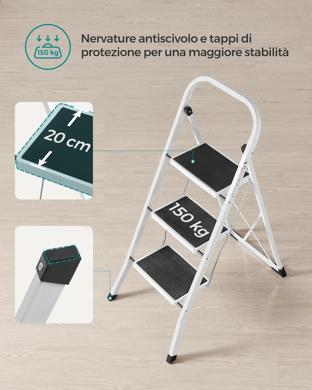 Scala pieghevole a 3 gradini, con tappetini antiscivolo e capacità di carico massima di 150 kg.