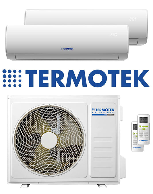 Termotek dual split air conditioner system with indoor and outdoor units and remote control for efficient cooling.