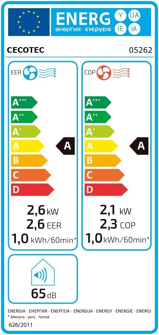 Etichetta energetica CECOTEC per condizionatore con valori EER e COP, 2,6 kW, 65 dB, classe A.