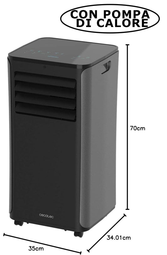 CECOTEC portable air conditioner with heating pump, dimensions, and digital controls for efficient room cooling.