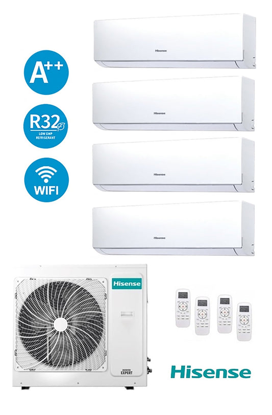 Hisense Quadri Split Inverter air conditioner with external unit and three indoor units, Wi-Fi enabled, A++ energy class.