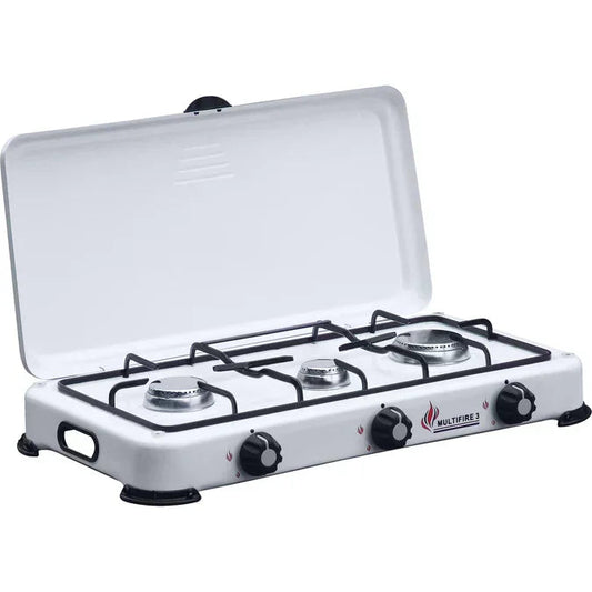 Fornello Smaltato Bianco P3M con 3 Fuochi e Coperchio - GPL/METANO, Ottimo per Campeggio e Cucina all'Aperto
