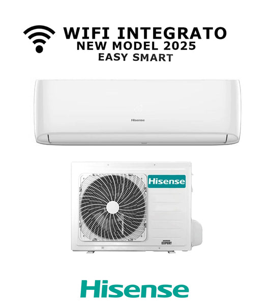 Climatizzatore Hisense Easy Smart 2025 con WiFi integrato, modello a parete e unità esterna.