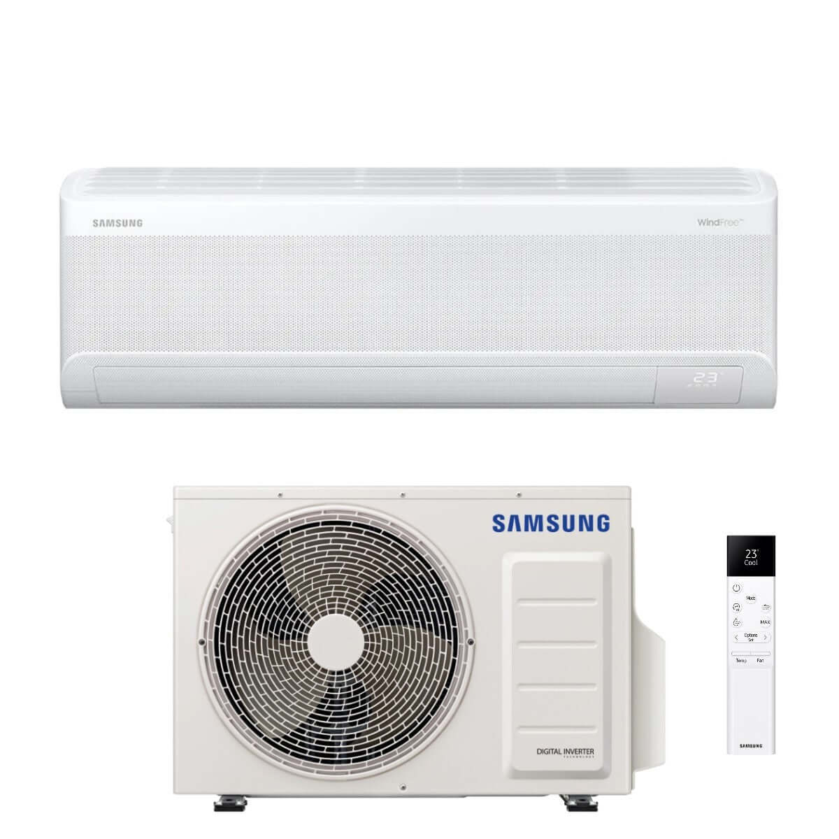 Climatizzatore Samsung WindFree F-AR12AV2 con unità interna ed esterna, telecomando incluso, tecnologia silenziosa e prestazioni efficienti.