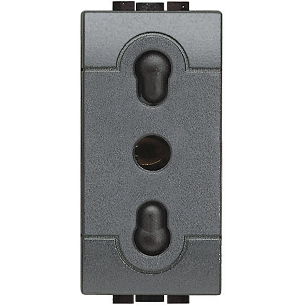 Bticino Living Light bipasso electrical socket in antracite color, compatible with 10A and 16A plugs.