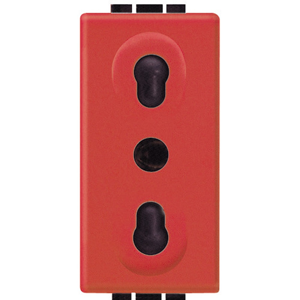 Living Int. Presa 2P+T 10/16A 250Vac red outlet with shielded sockets and dual spacing of 19mm and 26mm.