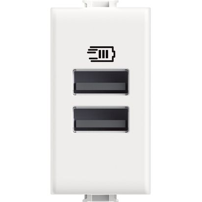Caricatore USB bianco con due porte tipo A per ricarica simultanea fino a 15W, design compatto e funzionale.