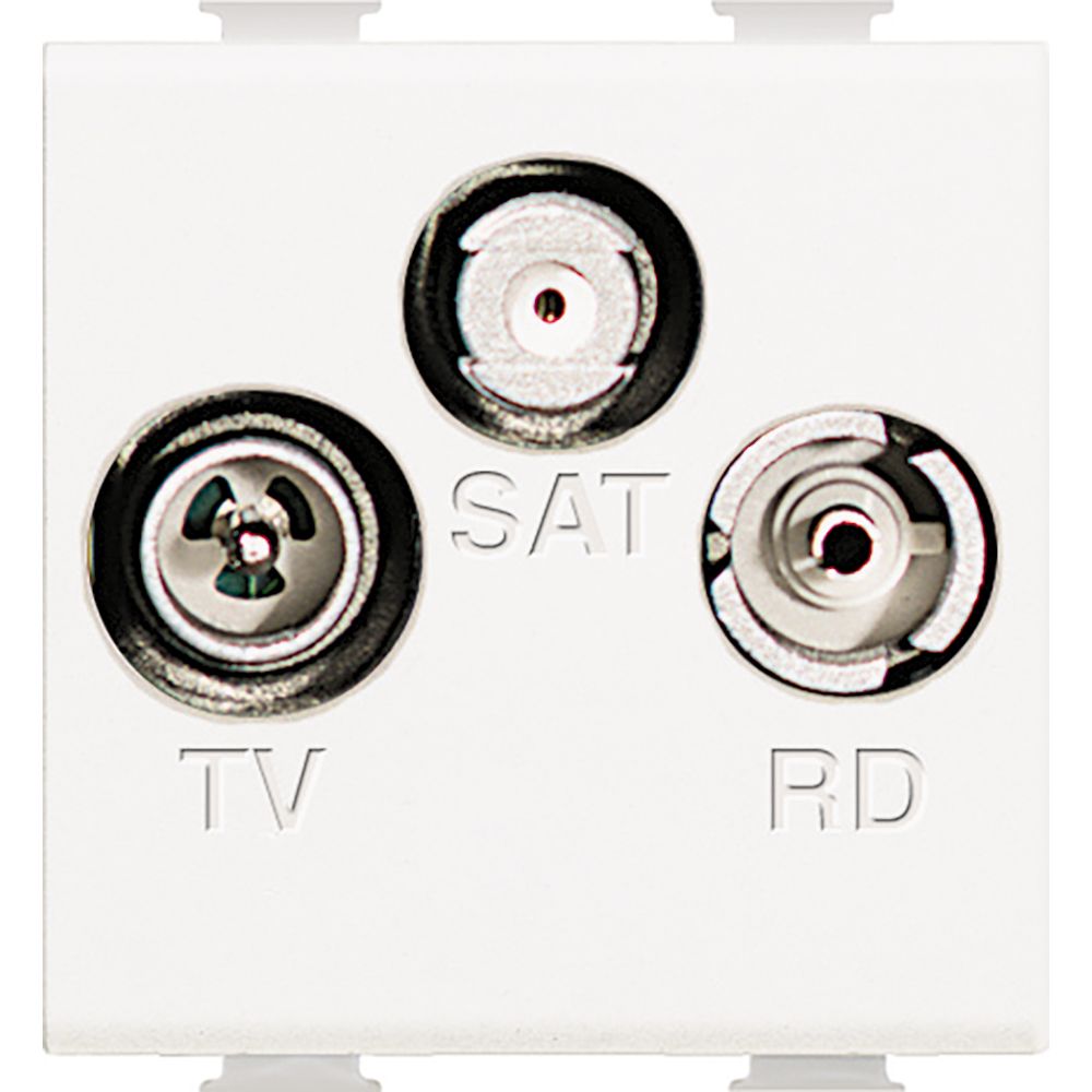 Presa coassiale demiscelata con connettori TV, SAT e RD per impianti antenna e satellite.